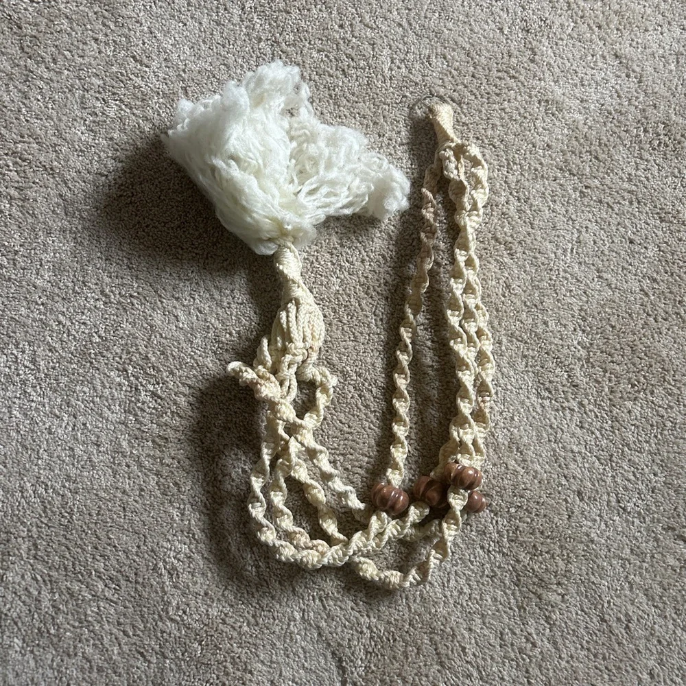 Vintage 70s Macrame Plant Hanger Wood Beads Boho Hippie Cream Ivory [Length]